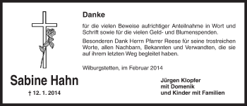 Traueranzeige von Sabine Hahn von Dinkelsbühl/ Feuchtwangen