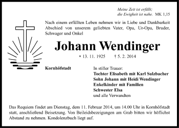 Traueranzeige von Johann Wendinger von Neustadt/ Scheinfeld/ Uffenheim