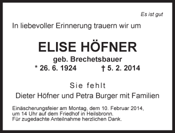 Traueranzeige von Elise Höfner von Ansbach