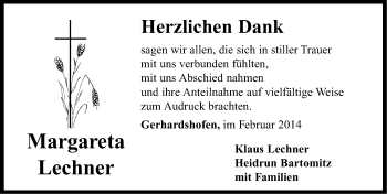 Traueranzeige von Margareta Lechner von Neustadt/ Scheinfeld/ Uffenheim