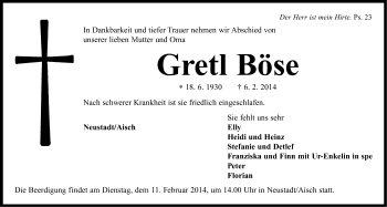 Traueranzeige von Gretl Böse von Neustadt/ Scheinfeld/ Uffenheim