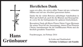 Traueranzeige von Hans Grünbauer von Dinkelsbühl/ Feuchtwangen