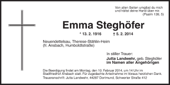 Traueranzeige von Emma Steghöfer von Ansbach