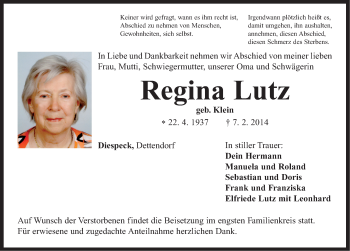 Traueranzeige von Regina Lutz von Neustadt/ Scheinfeld/ Uffenheim