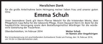 Traueranzeige von Emma Schuh von Ansbach