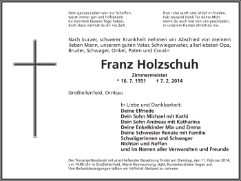 Traueranzeige von Franz Holzschuh von Ansbach