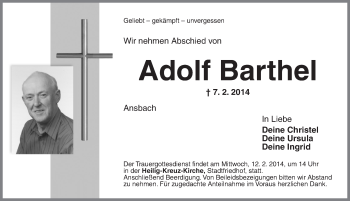 Traueranzeige von Adolf Barthel von Ansbach