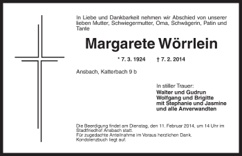 Traueranzeige von Margarete Wörrlein von Ansbach