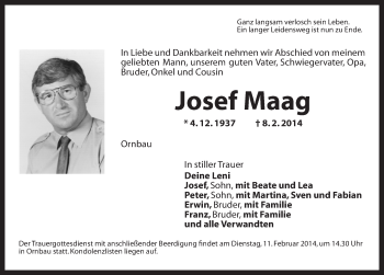 Traueranzeige von Josef Maag von Ansbach