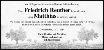 Traueranzeige von Friedrich Reuther von Neustadt/ Scheinfeld/ Uffenheim