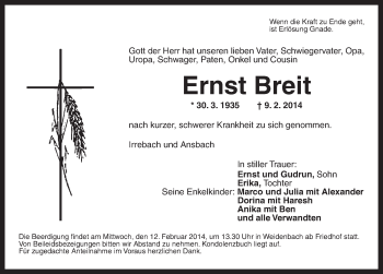 Traueranzeige von Ernst Breit von Ansbach