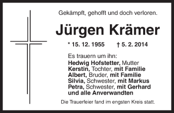 Traueranzeige von Jürgen Krämer von Ansbach