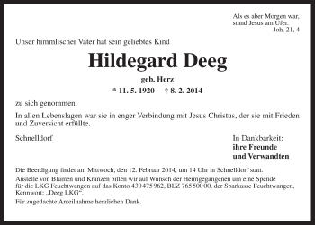 Traueranzeige von Hildegard Deeg von Dinkelsbühl/ Feuchtwangen