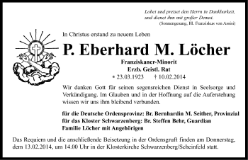 Traueranzeige von P. Eberhard M. Löcher von Neustadt/ Scheinfeld/ Uffenheim