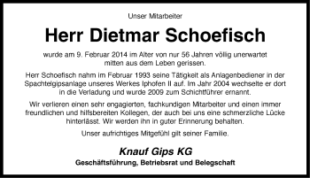 Traueranzeige von Dietmar Schoefisch von Neustadt/ Scheinfeld/ Uffenheim