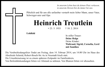 Traueranzeige von Heinrich Treutlein von Neustadt/ Scheinfeld/ Uffenheim