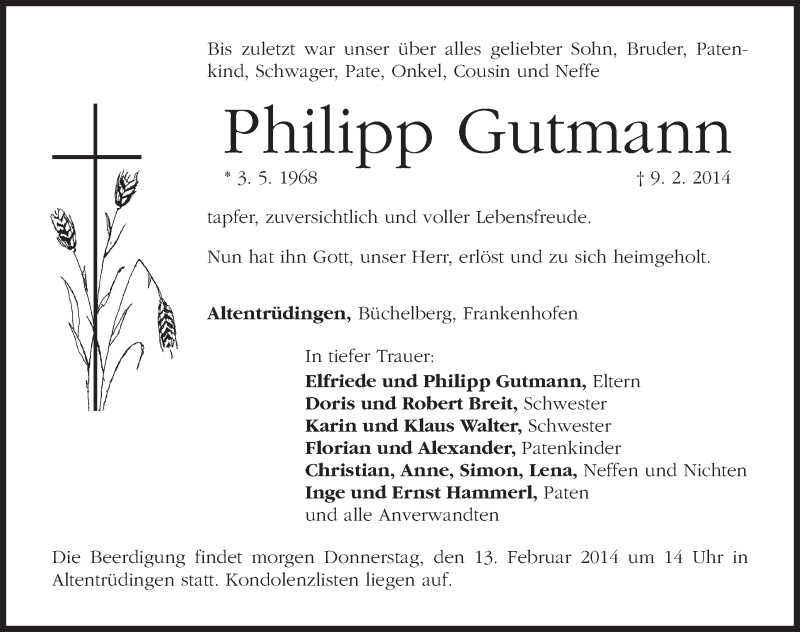  Traueranzeige für Philipp Gutmann vom 12.02.2014 aus Dinkelsbühl/ Feuchtwangen