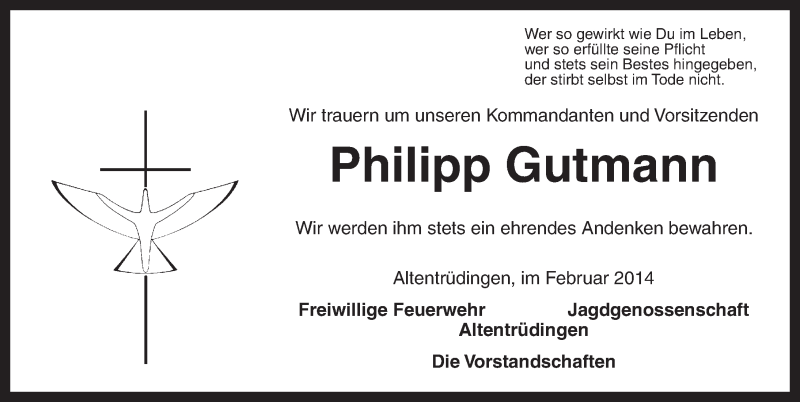  Traueranzeige für Philipp Gutmann vom 12.02.2014 aus Dinkelsbühl/ Feuchtwangen