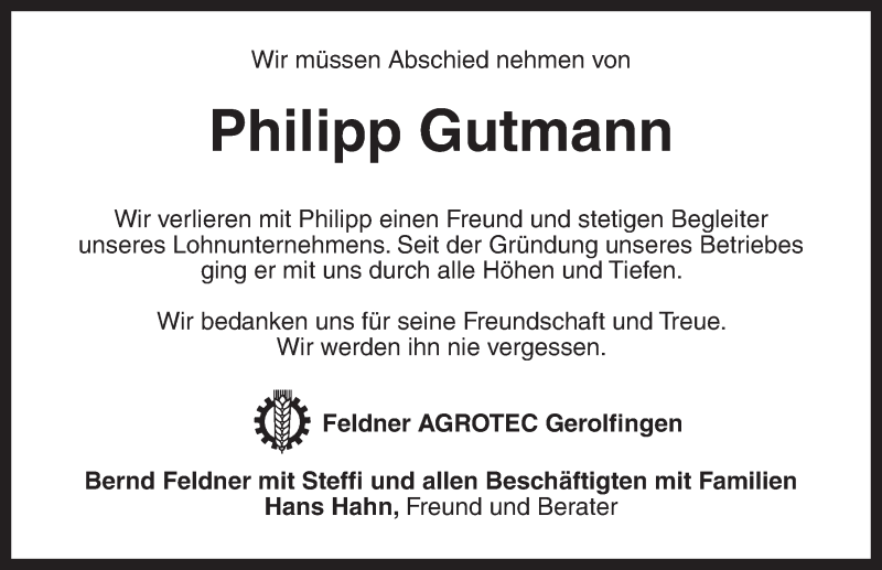  Traueranzeige für Philipp Gutmann vom 12.02.2014 aus Dinkelsbühl/ Feuchtwangen