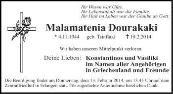 Traueranzeige von Malamatenia Dourakaki von Ansbach