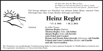 Traueranzeige von Heinz Regler von Ansbach