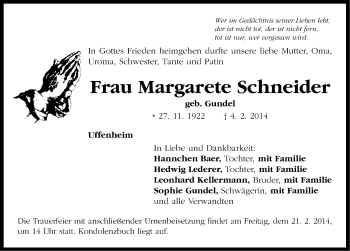 Traueranzeige von Margarete Schneider von Neustadt/ Scheinfeld/ Uffenheim