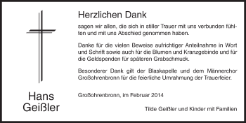 Traueranzeige von Hans Geißler von Dinkelsbühl/Feuchtwangen