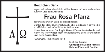 Traueranzeige von Rosa Pfanz von Dinkelsbühl/Feuchtwangen