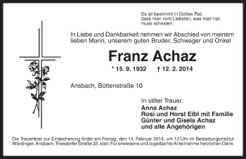 Traueranzeige von Franz Achaz von Ansbach