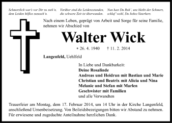 Traueranzeige von Walter Wick von Neustadt/ Scheinfeld/ Uffenheim