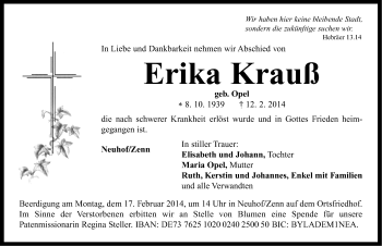 Traueranzeige von Erika Krauß von Neustadt/ Scheinfeld/ Uffenheim