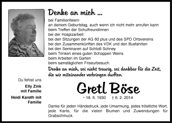 Traueranzeige von Gretl Böse von Neustadt/ Scheinfeld/ Uffenheim