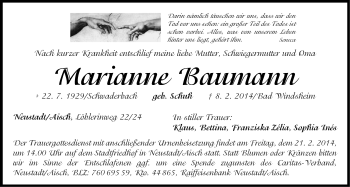 Traueranzeige von Marianne Baumann von Neustadt/ Scheinfeld/ Uffenheim