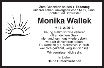 Traueranzeige von Monika Wallek von Ansbach