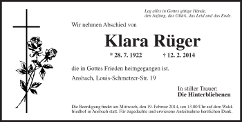 Traueranzeige von Klara Rüger von Ansbach