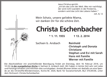 Traueranzeige von Christa Eschenbacher von Ansbach