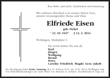 Traueranzeige von Elfriede Eisen von Dinkelsbühl/Feuchtwangen