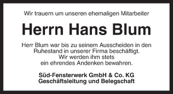 Traueranzeige von Hans Blum von Dinkelsbühl/Feuchtwangen