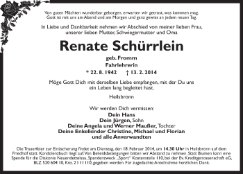 Traueranzeige von Renate Schürrlein von Ansbach