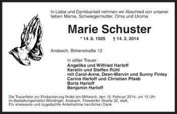 Traueranzeige von Marie Schuster von Ansbach