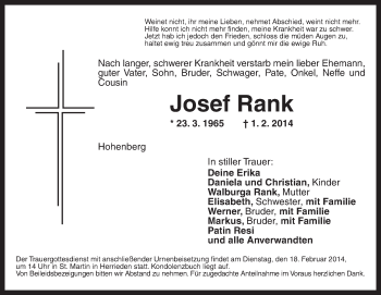 Traueranzeige von Josef Rank von Dinkelsbühl/Feuchtwangen