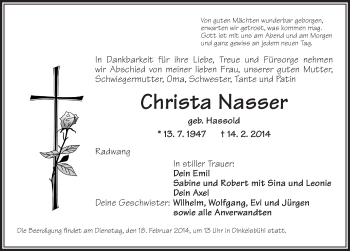 Traueranzeige von Christa Nasser von Dinkelsbühl/Feuchtwangen