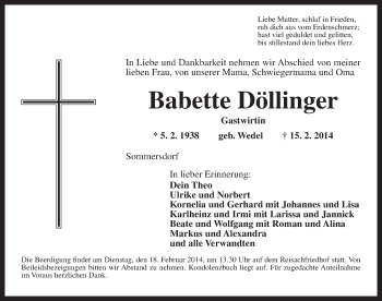 Traueranzeige von Babette Döllinger von Ansbach