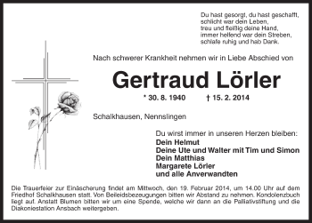 Traueranzeige von Gertraud Lörler von Ansbach