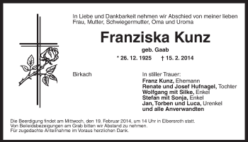 Traueranzeige von Franziska Kunz von Dinkelsbühl/Feuchtwangen