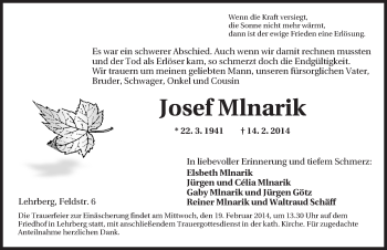 Traueranzeige von Josef Mlnarik von Ansbach