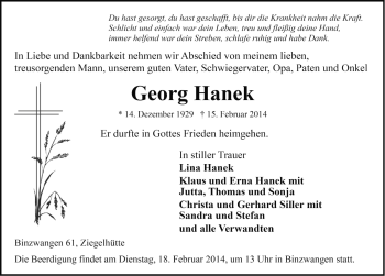 Traueranzeige von Georg Hanek von Ansbach