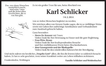 Traueranzeige von Karl Schlicker von Dinkelsbühl/Feuchtwangen