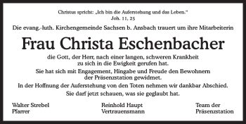 Traueranzeige von Christa Eschenbacher von Ansbach