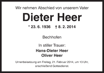 Traueranzeige von Dieter Heer von Dinkelsbühl/Feuchtwangen